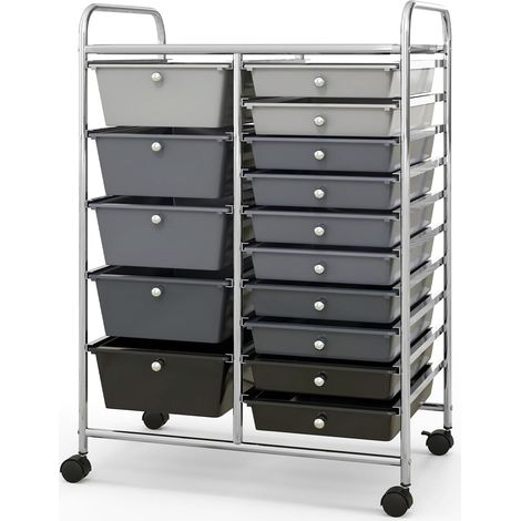 COSTWAY Chariot de Rangement 15 Tiroirs en PP Empilables Amovibles, Tour de Rangement à Roulette, Cadre en Métal, pour École, Bureau, 63x37x87cm, Noir+Argent (1/5)