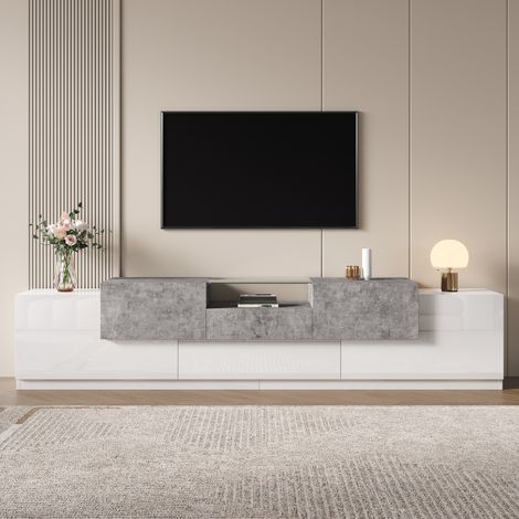 Meuble TV bas 200x33x48 - 5 cm - 5 portes - 1 tiroir - niche vitrée - passe-câbles - charnières amorties - MDF - et effet béton gris - blanc (1/5)