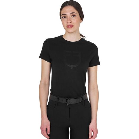 L, Blu: T-shirt da donna a manica corta in cotone con una stampa tono su tono glossy (1/5)