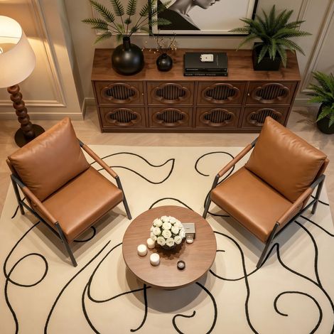 Fauteuil d'appoint moderne en similicuir, fauteuil une place rembourré avec structure robuste en métal noir, fauteuil de lecture industriel pour salon, chambre, bureau et salle d'attente, marron (1/4)