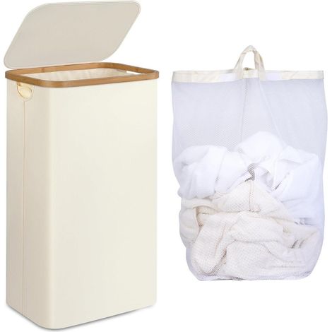 Wäschekorb schmal Innentasche waschbar Griffe 75L mit Deckel Beige (1/5)
