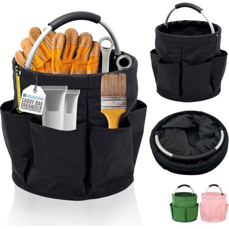 Cleaning caddy organizer bag with 6 side pockets and handle, padded handle, foldable design, tool bag organizer, home and laundry organizer, black (1/5)