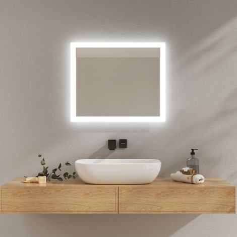 EMKE Miroir lumineux salle de bain 60x50cm, Miroir LED avec Interrupteur à bouton, Anti-buée, Miroir avec éclairage lumière Blanche Froide/Chaude