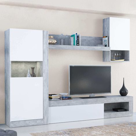 Parete attrezzata soggiorno mobile porta tv 148x42x215,5 cm di colore Bianco e Grigio effetto cemento mod. Roomy (1/5)