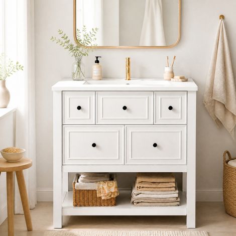 Mueble bajo lavabo con lavabo cerámico, 76 x 46,5 x 82 cm, 5 cajones, blanco OKMYHOME (1/5)