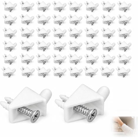 Pack of 50 Replacement Floor Brackets, 5 mm, White, Shelf Brackets Compatible with PAX KOMPLEMENT with 50 Screws, Universal Fixing Cleat for Cabinet, Bookcase, Kitchen Cabinet (1/5)
