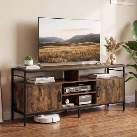 Design rustique brun, meuble TV jusqu'à 65 pouces avec 2 placards et 4 étagères pour salon (1/5)