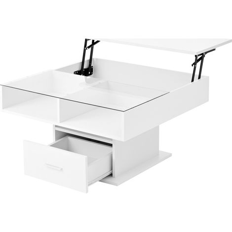 Table basse relevable blanche en panneaux de particules avec éclairage LED et rangement, design moderne, dimensions 78x78 cm (1/5)