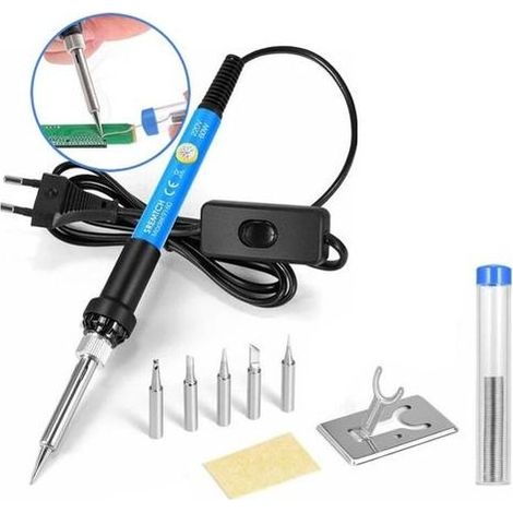 Fer a Souder [Upgraded] Fer a Souder Etain de Précision avec Interrupteur ON/OFF, Temperature Réglable 200-450℃, 9 en 1 Kit, 5 pointes de fer à souder, fil à souder, Support de fer à souder