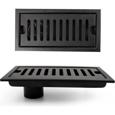 Siphon rectangulaire 20x10 cm pour douche, avaloir de sol noir avec grille inoxydable, adapté à salle de bain, bonde sol moderne. (1/4)