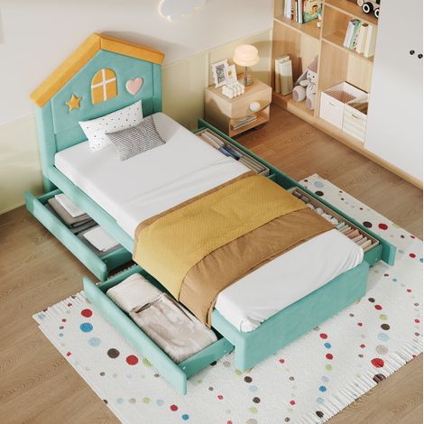 Cama infantil 90x200 cm en forma de casa, tapizada en verde azul con 4 cajones OKWISH (1/5)