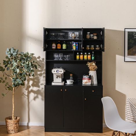 GOPLUS Buffet de Cuisine 181cm, Armoire de Rangement avec 6 Portes, Tiroir Coulissant, 3 Niveaux Étagères Réglables, Prises de Courant, Ports USB, Kits Anti-Basculement pour Cuisine, Noir