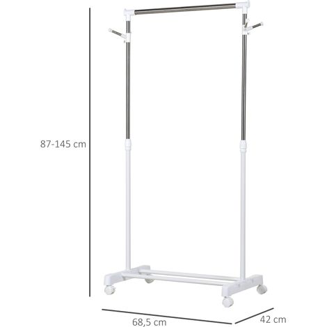 Portant vêtements mobile, hauteur ajustable, étagère basse intégrée, 4 roulettes pivotantes, teinte blanche (1/5)
