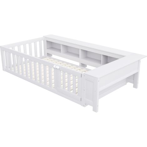Cama infantil multifunción 90 x 200 cm con almacenaje, barrera de seguridad y puerta, blanco (1/5)