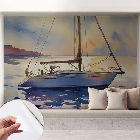 Papier peint adhésif autocollant pour salon chambre à coucher peint imprimé pour mur Voilier au coucher du soleil 208x146 cm (1/5)