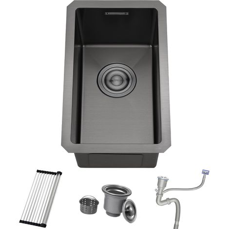 25 x 45 cm Évier de Cuisine Noir 1 Bac, Petit Évier de Cuisine En Acier Inoxydable Montage Encastré ou Supérieur avec Trop-Plein, Siphon, Support Enroulable (1/5)