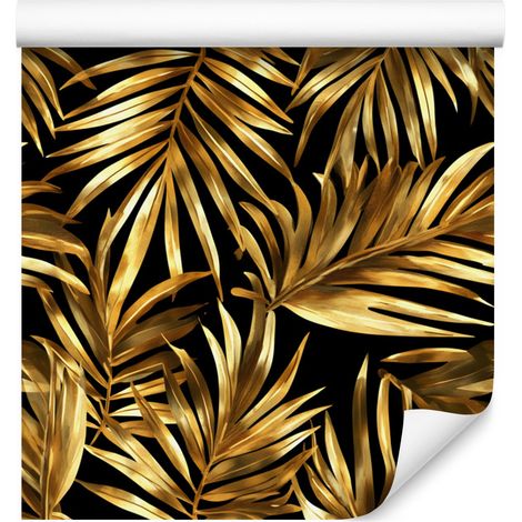 Papel pintado de flores y hojas en ocre, dorado y negro para salón y dormitorio, 50x1000 mm. (1/5)