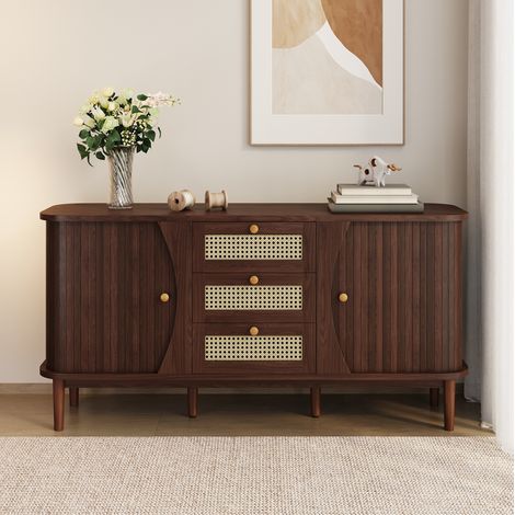 Buffet 140.5x40x76 cm naturel en panneaux de particules avec cannage, portes coulissantes et étagères réglables (1/5)