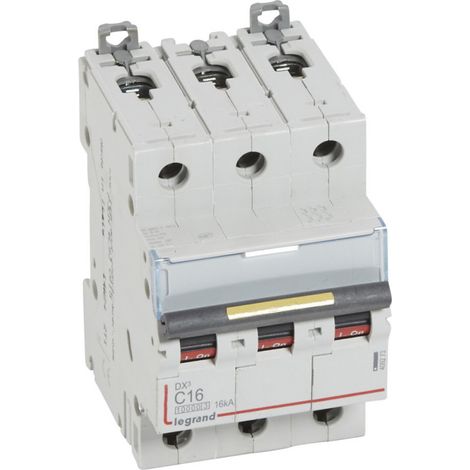 Disjoncteur DX10000 16kA arrivée haute et départ bas à vis 3P 400V 16A courbe C 3 modules (409273)