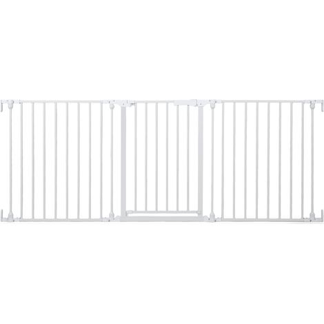 Barrière de Sécurité Enfant 74,5-198 cm, 3 Panneaux à 270°, Double Verrouillage, Ouverture Bidirectionnel, Doubles Charnières, Barrière Chien, Blanc (1/5)