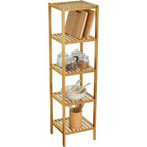 Étagère étroite en bambou à 5 niveaux pour salle de bain, avec étagères à lattes, support pour plantes en bois naturel, porte-serviettes sur pied, étagère d'angle pour salle de bain, entrée, chambre, (1/5)