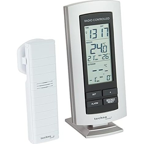 techno line Stazione Meteo Classica WS 9140 con radiosveglia, visualizzazione della Temperatura Interna ed Esterna, Argento, 7,3 x 2,5 x 15,8 cm