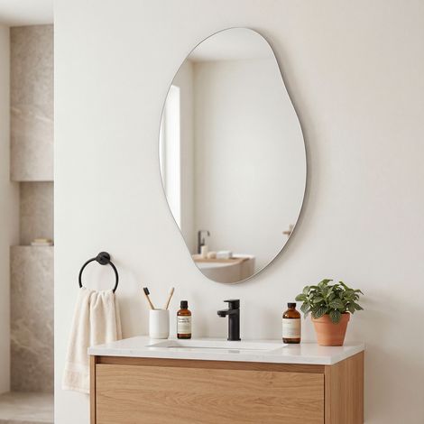 Songmics – Miroir mural décoratif asymétrique 85 x 50 cm – Verre trempé – Installation facile avec crochets – Design pétale pour salle de bain et chambre