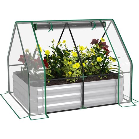 Outsunny Raised Garden Bed with Greenhouse, Steel Planter Box with Plastic Cover, Roll Up Window, Dual Use for Flowers, Vegetables, Fruits and Herbs, 127L x 95W x 92H cm, Clear