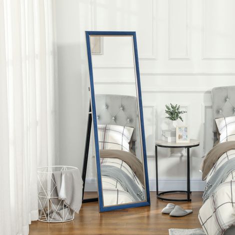 Specchio a figura intera 150x50 cm con cornice in velluto e supporto per soggiorno e camera da letto, colore blu. (1/5)