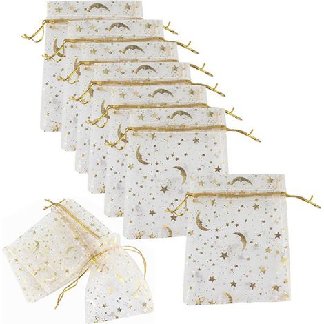100 Stück Kordelzugbeutel aus Organza-Stoff (9 x 12 cm) mit Sternen- und Mondmuster, modische Gastgeschenkbeutel für Hochzeiten und Partys (1/5)