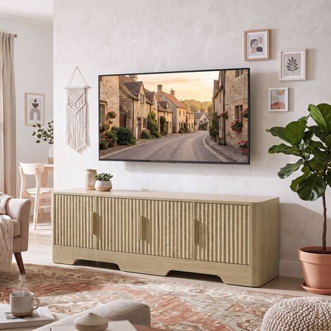 Meuble TV 140 cm, Téléviseur Jusqu'à 60 Pouces, 4 Portes, Rangement, Chêne (1/5)