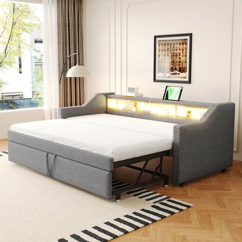 Lit Gigogne 90/180x190cm - Canapé Lit Banquette Extensible Rembourré en Lin avec LED Prises USB et Rangements - Gris Clair (1/5)