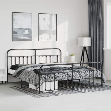 Cadre de lit métal sans matelas avec pied de lit noir 193x203cm (1/5)