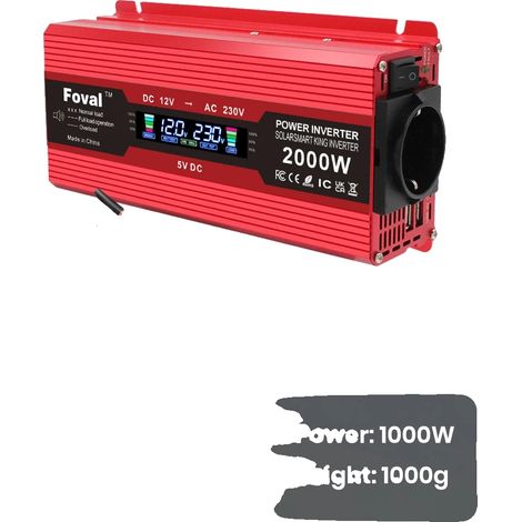 Inversor de onda sinusoidal modificada, dos puertos USB, 2000 W, 12 V, rojo. (1/2)