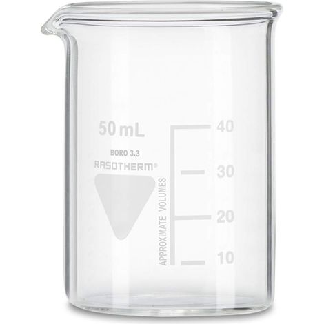 RASOTHERM- Bicchiere in vetro a forma bassa con beccuccio, Kimax Boro 3.3, vetro, 50 mL, trasparente., 1