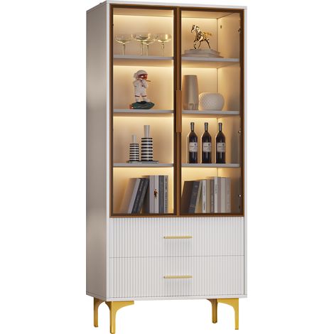 Vitrina con 2 Puertas, 2 Cajones, Estantes Ajustables y LED para Salón, en Tablero de Partículas, Blanco, 70×35×150 cm (1/5)