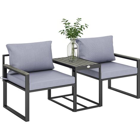 Conjunto de jardín de 3 piezas con cojines de 14 cm y reposabrazos de composite de madera y plástico, que incluye 2 sillones y una mesa auxiliar gris.