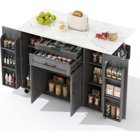 Mobile Kücheninsel grau aus MDF 136 x 70 x 92 cm mit ausziehbarer Platte, Schubladen (1/5)