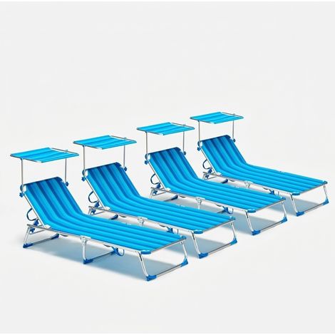 4 transats de plage bains de soleil pliants avec pare-soleil California Stock - Rayures Bleues
