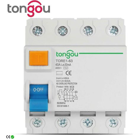 Disjoncteur différentiel 4P 16A 63A 10mA 30mA 100mA 6KA RCCB RCD 400V, interrupteur différentiel de sécurité. (1/5)