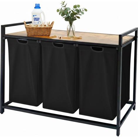 Relaxdays Cesto ropa 3 sacos extraíbles, 150 L, repisa efecto madera, 73,5 x 109,5 x 33 cm, negro/natural