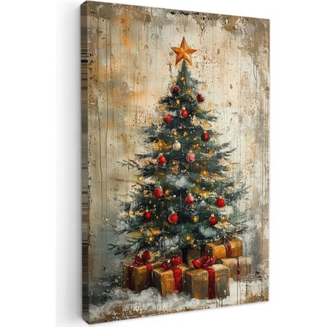 CUADRO EN LIENZO Árbol de Navidad - Vintage - Navidad - Regalo Cuadros Grande 80x120 cm