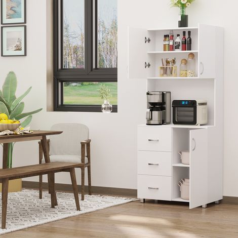 Aparador para cocina y salón, aparador moderno de madera blanca, 2 armarios, estantes ajustables, 1 estante abierto y 3 cajones, 80 x 39,5 x 183,5 cm.