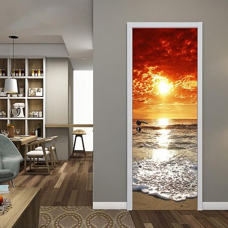 Sticker mural 3D paysage coucher de soleil 77x200cm, photo murale pour cave à vin, papier peint imperméable en PVC pour chambre à coucher (1/4)