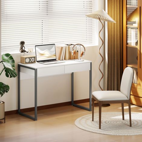 Bureau 100x50x75 cm Blanc avec 2 tiroirs Table d’ordinateur Pieds en acier pour la maison Petits espaces brillant