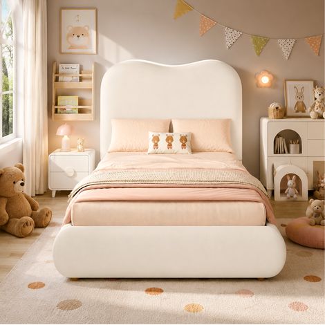 Lit coffre enfant 90x200 cm en velours beige, gain de place pour chambre, sans matelas FloraGrace (1/5)
