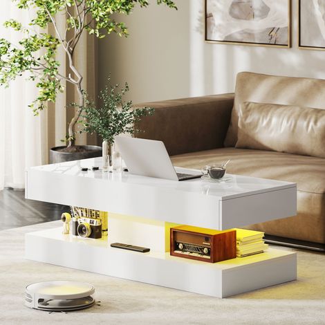 Table basse de salon avec tiroirs et éclairage LED, console moderne avec étagère ouverte, panneau de particules, blanc