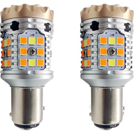 - Lot de 2 ampoules LED 1157 BAY15D extrêmement lumineuses - Blanc/Ambre 9–24 V P21/5 W 2357 7528 3030 40SMD Canbus sans erreur pour clignotants et feux de circulation diurnes