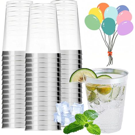 Lot de 50 Gobelet ABS, Bord Argenté, Capacité 280 ml, Réutilisable, Pour Fête, Cocktail, Mariage