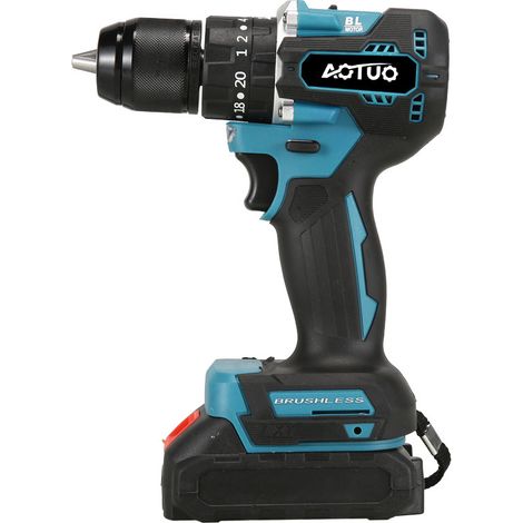 Trapano a batteria, trapano a percussione da 21 V, coppia di 45 Nm, mandrino autoserrante da 13 mm, 1150 giri/min, motore brushless, due batterie, caricabatterie e un ampio kit di utensili da 24 pezzi (1/3)